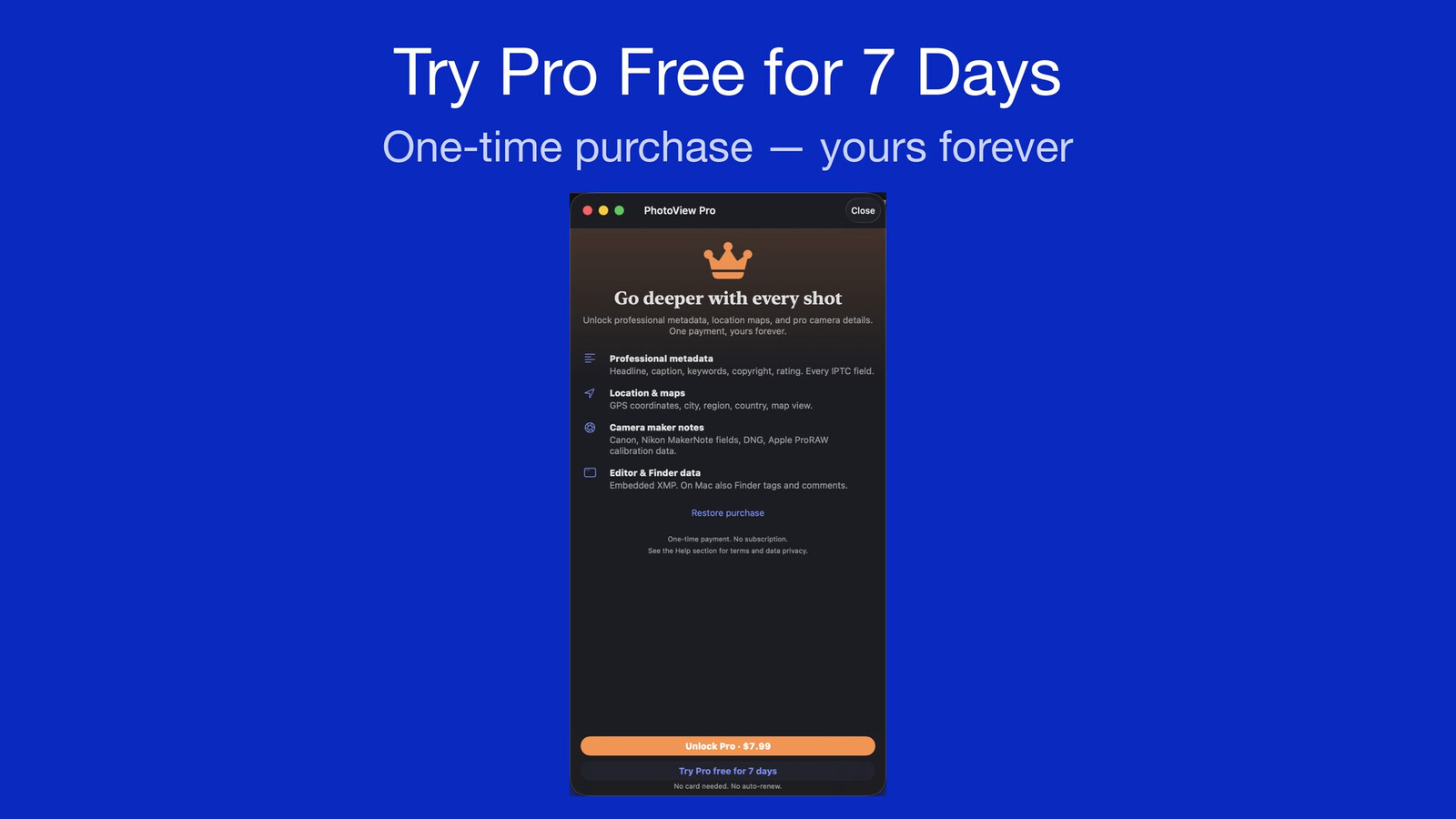 The PhotoView Pro window on the Mac under the headline &ldquo;Try Pro Free for 7 Days&rdquo;: a crown, the four Pro areas Professional metadata, Location & maps, Camera maker notes and Editor & Finder data, and at the bottom the buttons &ldquo;Unlock Pro&rdquo; and &ldquo;Try Pro free for 7 days&rdquo;