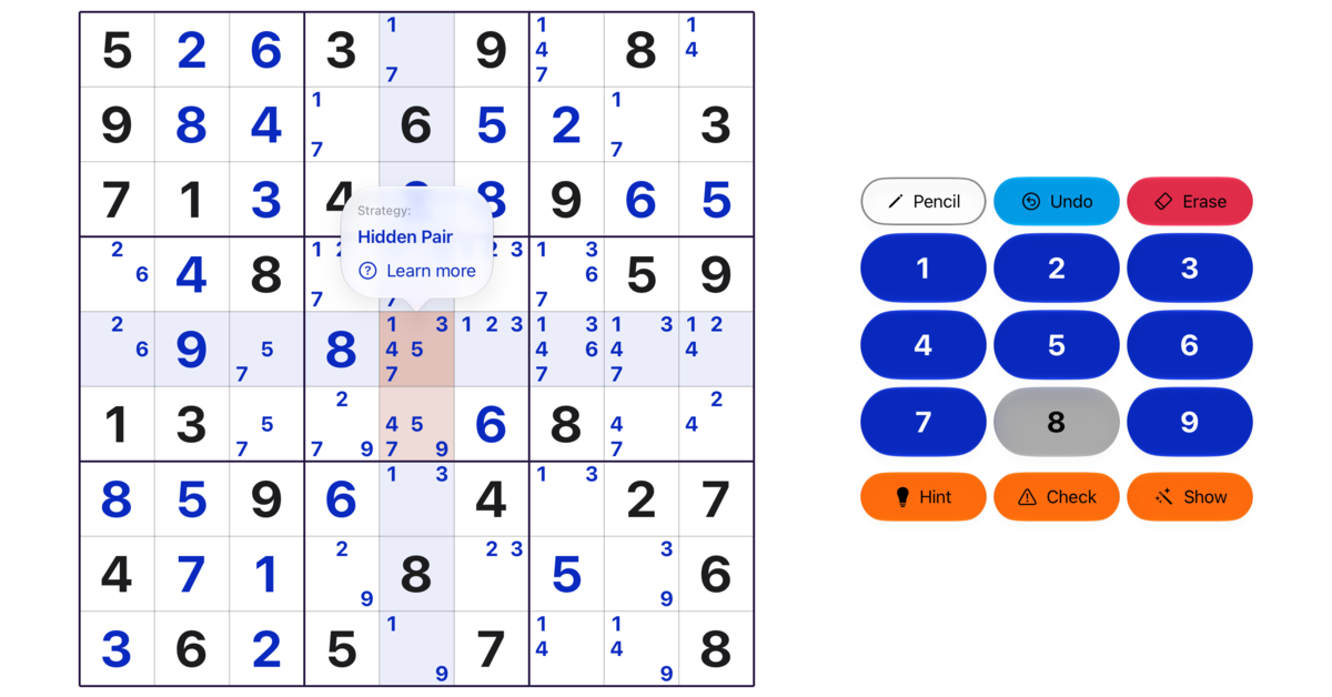 A Sudoku grid where the hint highlights two cells of a column and names the Hidden Pair