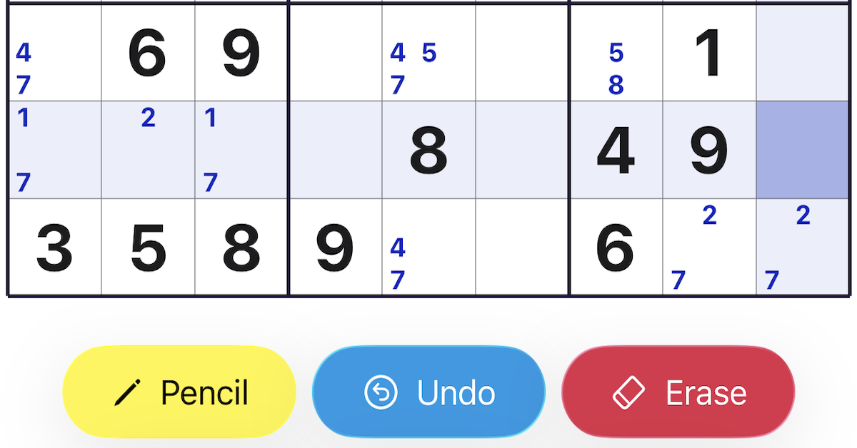 A close-up of Sudoku cells: large black solution digits alongside small blue pencil notes, with the Pencil, Undo, and Erase buttons below