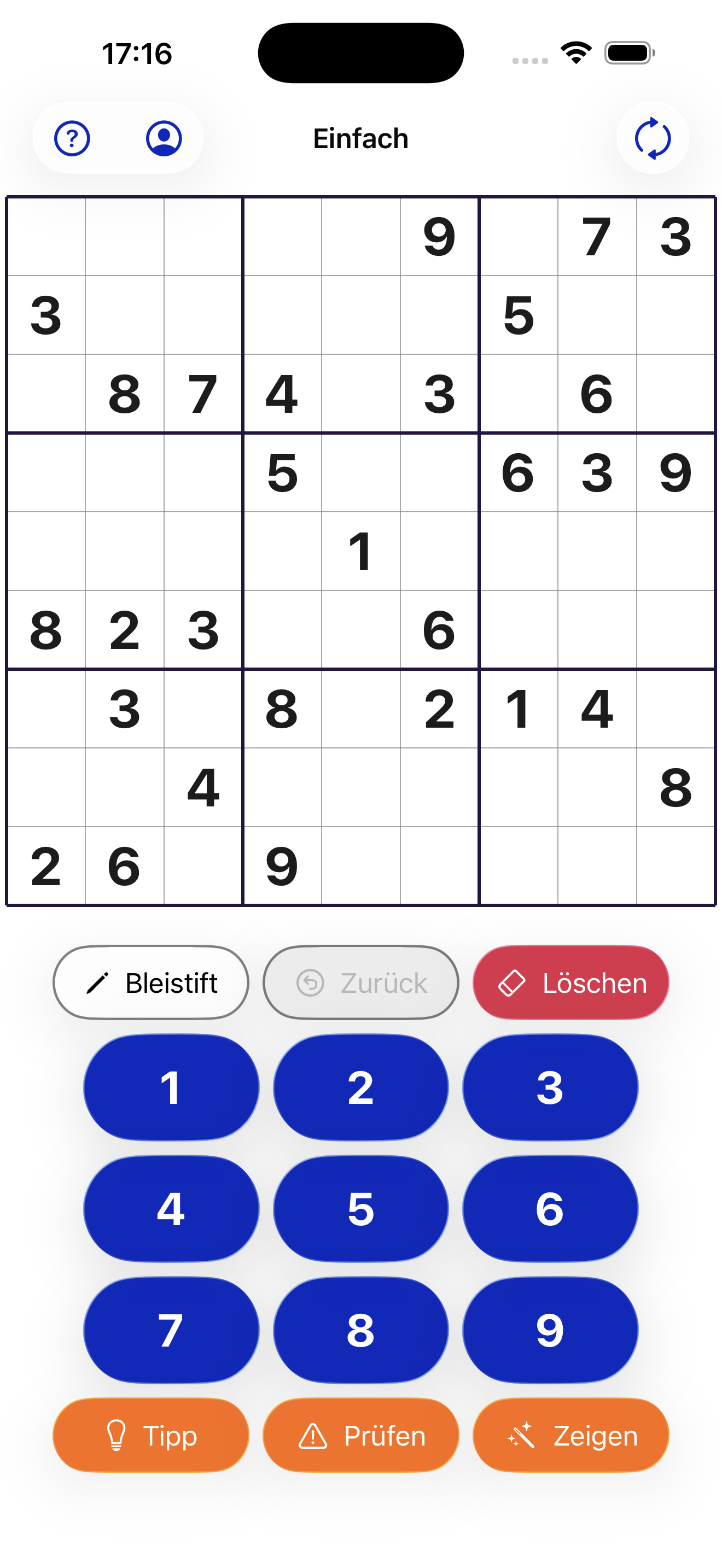 Sudoku-Spielansicht auf dem iPhone: ein 9&times;9-Brett, die Zifferntastatur und die Tasten Bleistift, Zur&uuml;ck, L&ouml;schen, Hinweis, Pr&uuml;fen und Zeigen