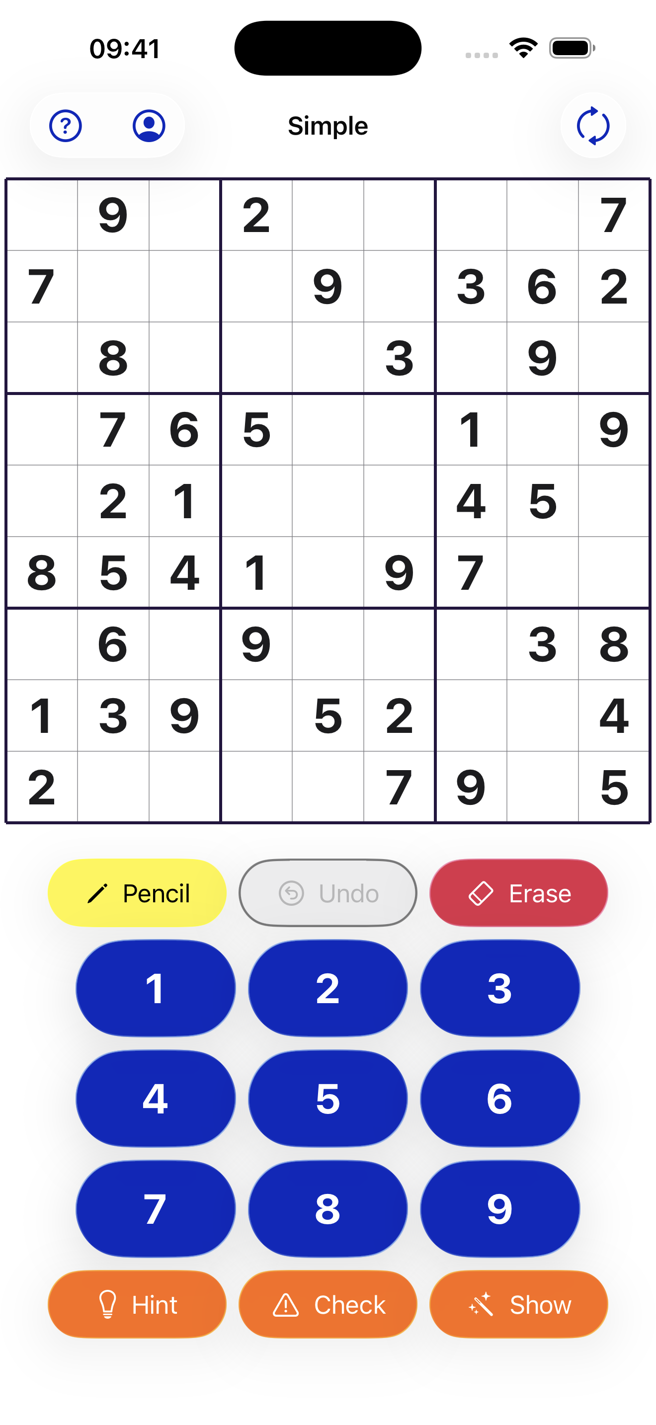 Sudoku game view on iPhone: a 9x9 board, the digit pad, and the Pencil, Undo, Erase, Hint, Check, and Show controls
