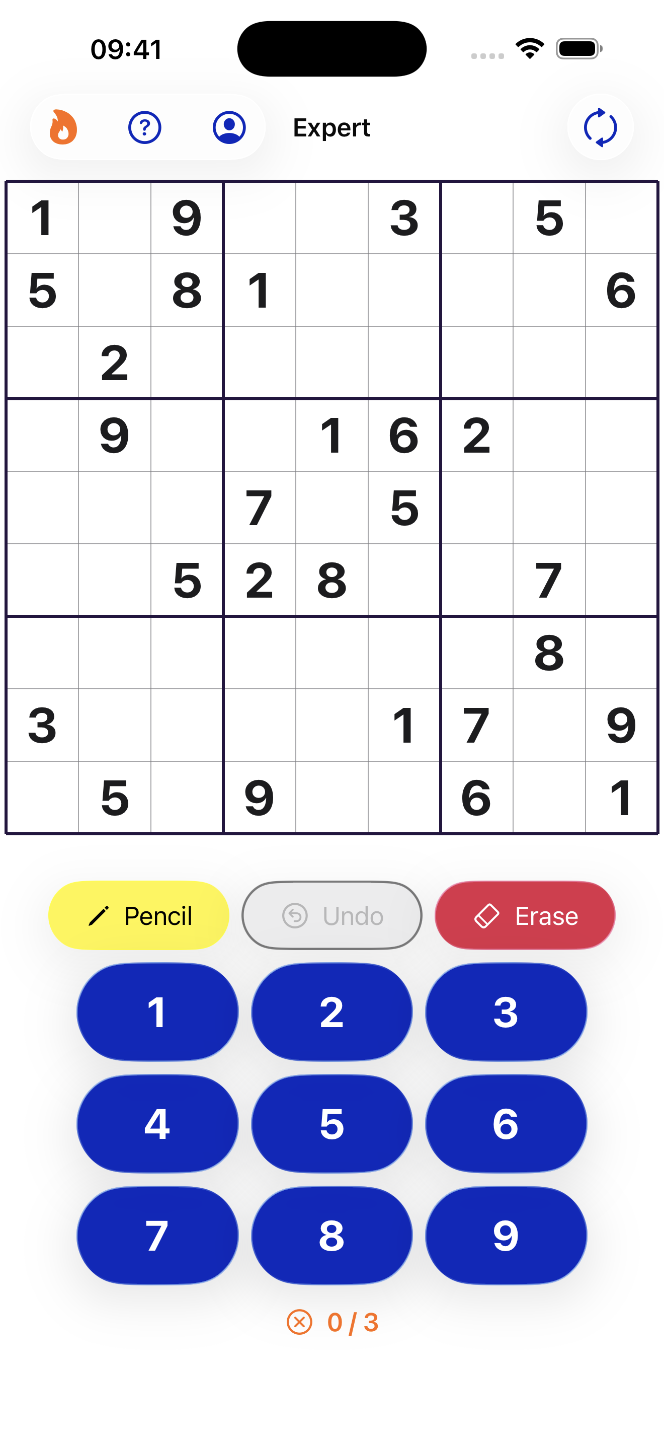 Sudoku in Challenge Mode: a flame badge in the toolbar, the Hint and Show controls dimmed, and a 0/3 mistakes counter under the digit pad