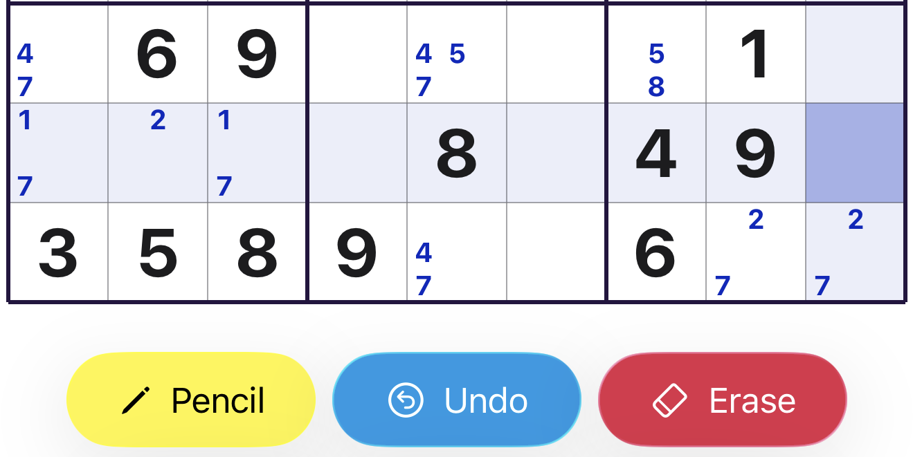 Close-up of two Sudoku cells with pencil notes in blue (1, 2, 3, 9), the active Pencil button in yellow next to Undo and Erase