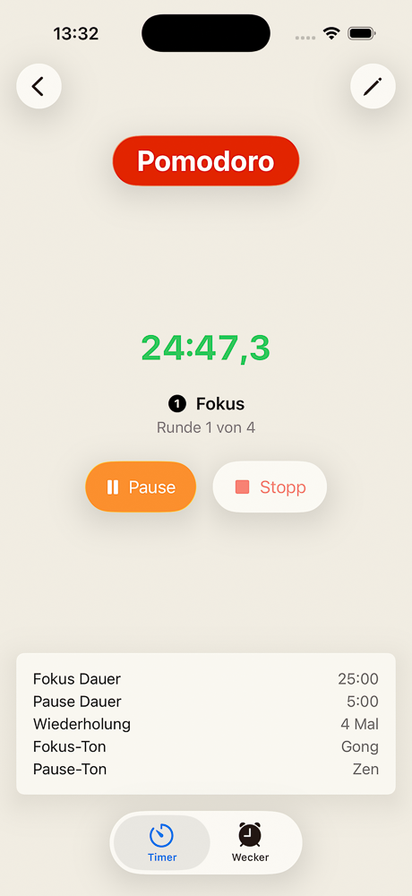 Ein Intervall-Timer namens Pomodoro mit einer 25-min&uuml;tigen Fokus-Phase und einer 5-min&uuml;tigen Pause-Phase, eingestellt auf vier Runden