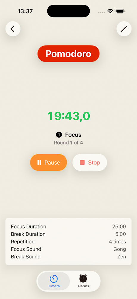 An interval timer named Pomodoro showing a 25-minute Focus phase with a 5-minute Break phase, four rounds configured