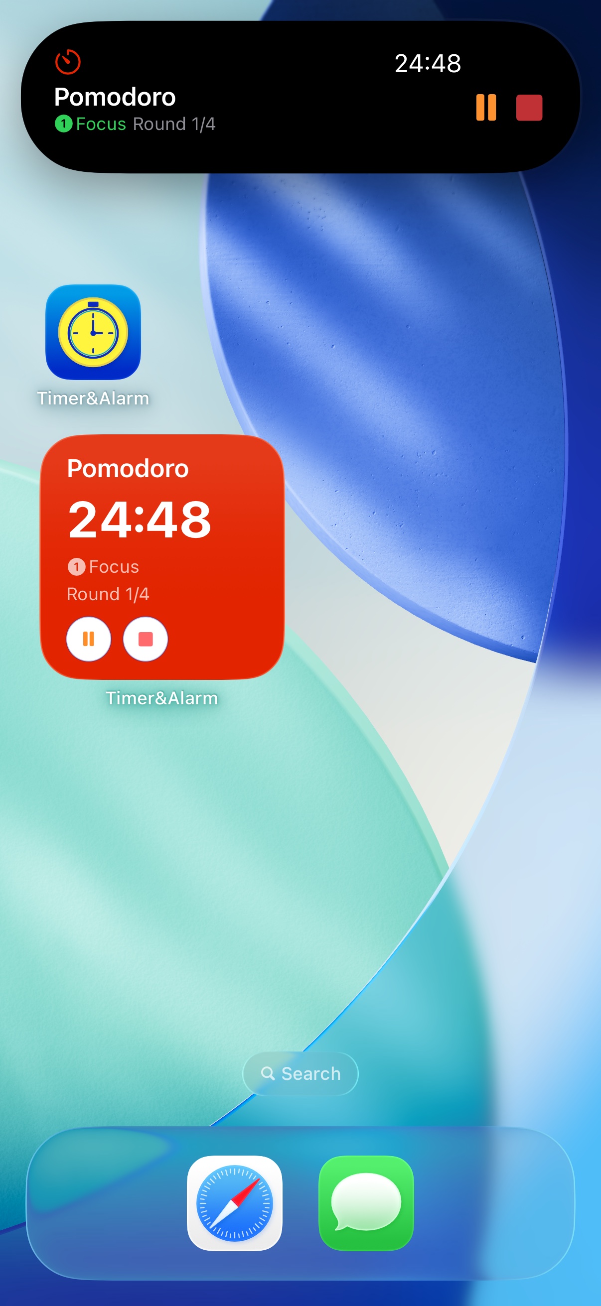 Pomodoro timer shown as a medium widget on the Home Screen and as a Live Activity in the Dynamic Island