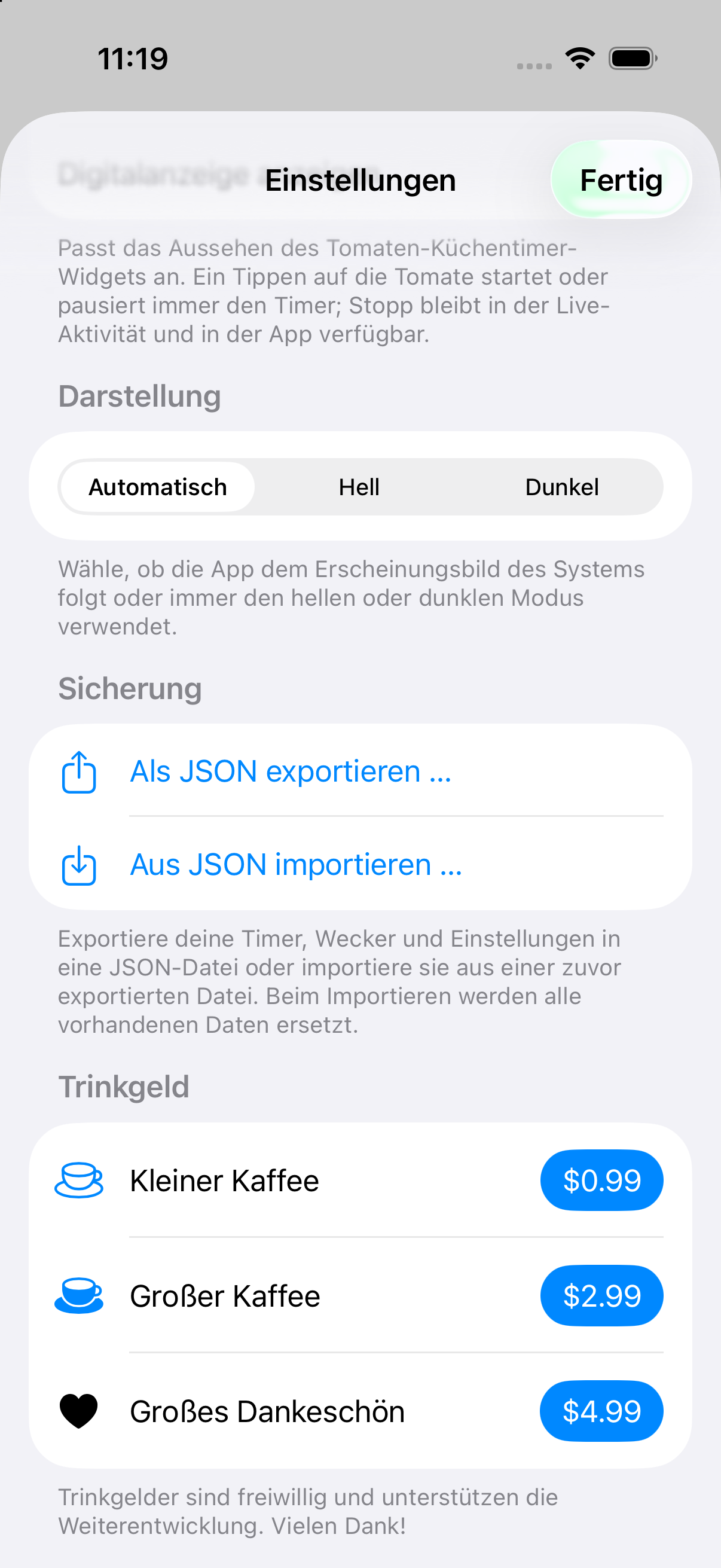 Der Einstellungsbildschirm in Timer & Wecker mit dem Bereich zur Datensicherung: die Schaltfl&auml;chen Export und Import samt Hinweis, dass der Export deine Timer, Wecker und Einstellungen in eine JSON-Datei schreibt und der Import alle aktuellen Daten ersetzt.