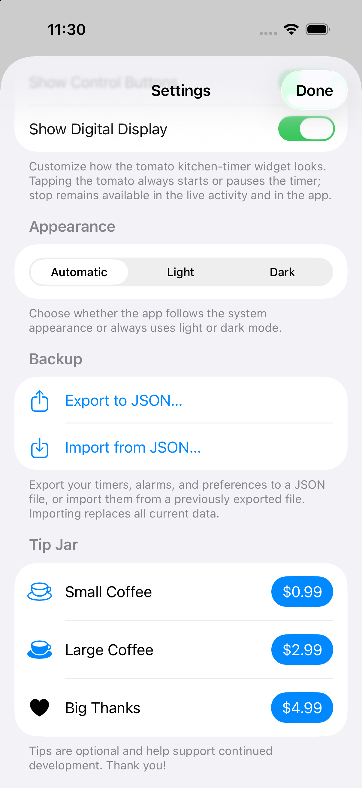 The Settings screen in Timers & Alarms showing the backup section: Export and Import buttons with a note that exporting writes your timers, alarms, and preferences to a JSON file and importing replaces all current data.