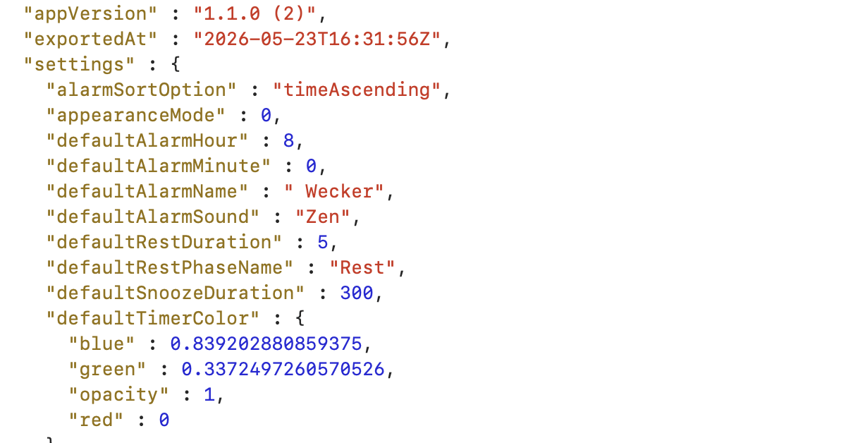 Eine Sicherungsdatei von Timer & Wecker als lesbares JSON ge&ouml;ffnet: das Exportdatum sowie die Listen der Timer und Wecker in klarem, menschenlesbarem Text.