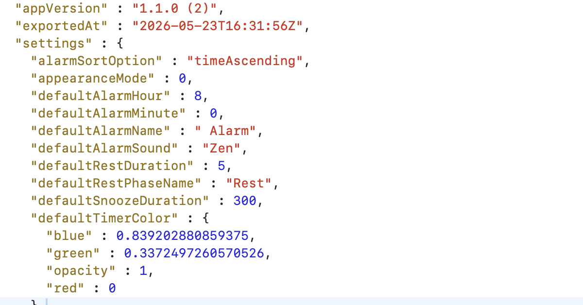 A Timers & Alarms backup file open as readable JSON, showing the export date and the lists of timers and alarms in plain, human-readable text.