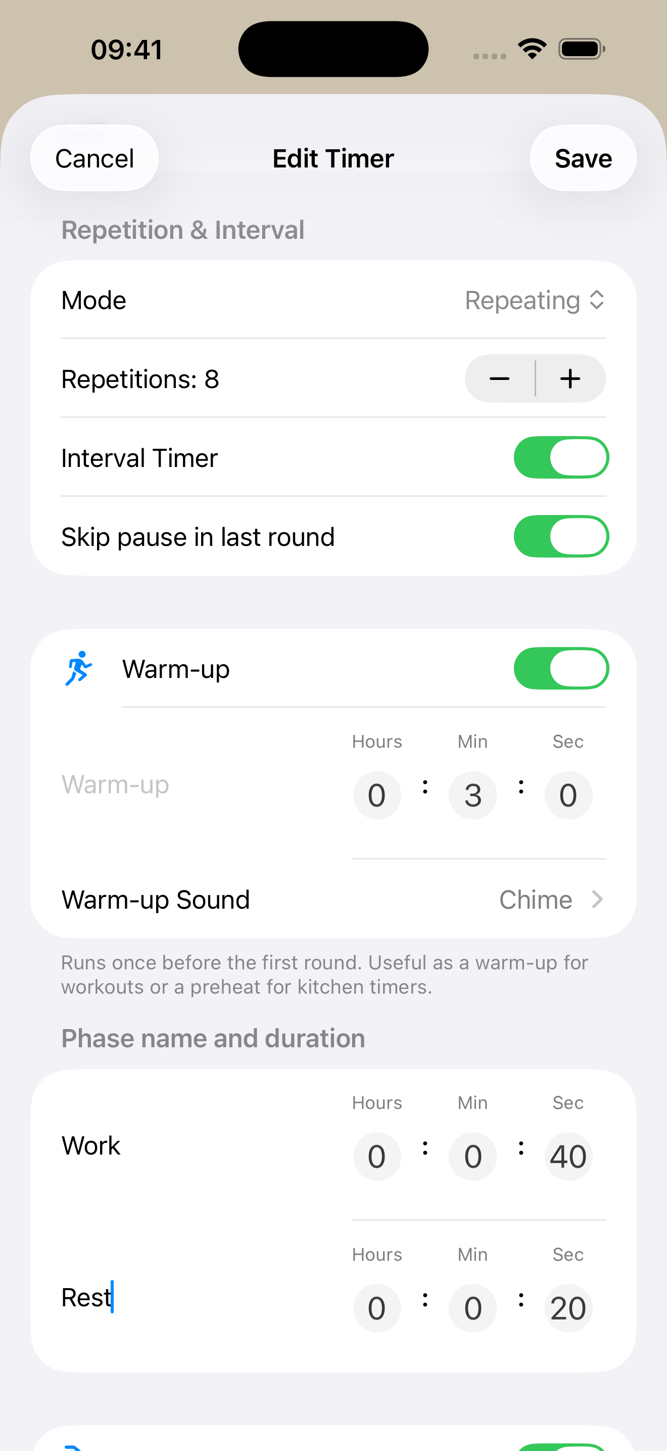 The Add Timer screen in Timers & Alarms set up for a HIIT workout: an interval timer with a 40-second Work phase and a 20-second Rest phase, 8 rounds, a 3-minute warm-up and a 3-minute cool-down