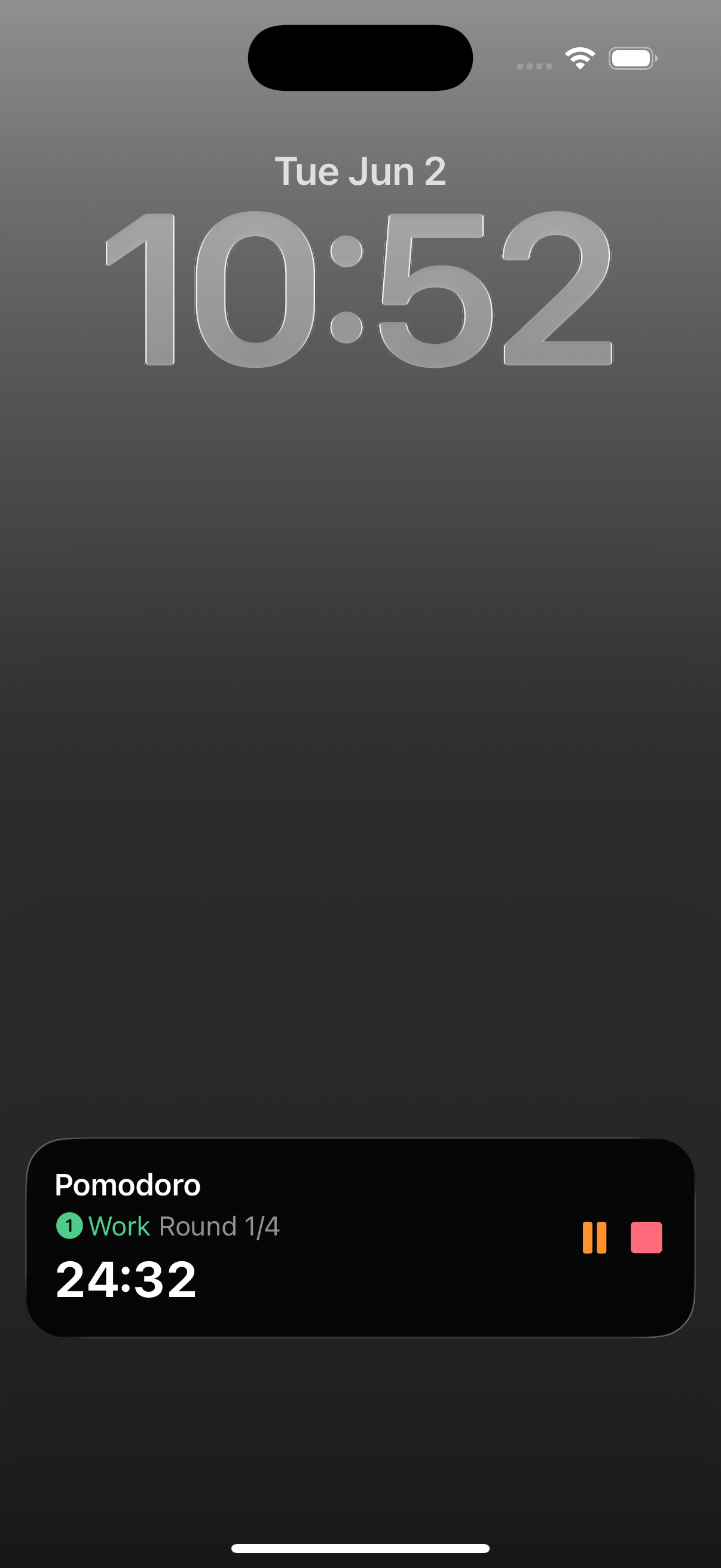 An iPhone Lock Screen showing a Pomodoro timer as a Live Activity: the name Pomodoro, the Work phase, Round 1/4, a countdown, and Pause and Stop buttons