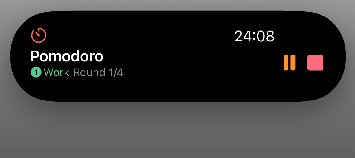 The expanded Dynamic Island showing the same Pomodoro timer: the name, the Work phase, Round 1/4, a countdown, and Pause and Stop buttons