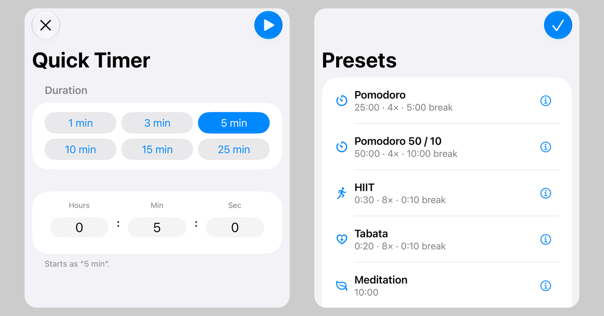 Two screens from Timers & Alarms side by side. On the left, the quick timer with the duration chips 1, 3, 5, 10, 15 and 25 min, with 5 min selected, the wheels for hours, minutes and seconds below, and the note that it starts as &ldquo;5 min&rdquo;. On the right, the presets with Pomodoro (25:00 &middot; 4&times; &middot; 5:00 break), Pomodoro 50 / 10, HIIT, Tabata and Meditation.
