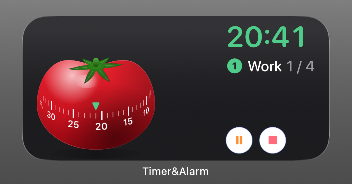 A medium Tomato Timer widget on the Home Screen, showing the tomato dial, a digital countdown, the current Work phase, and play and stop buttons