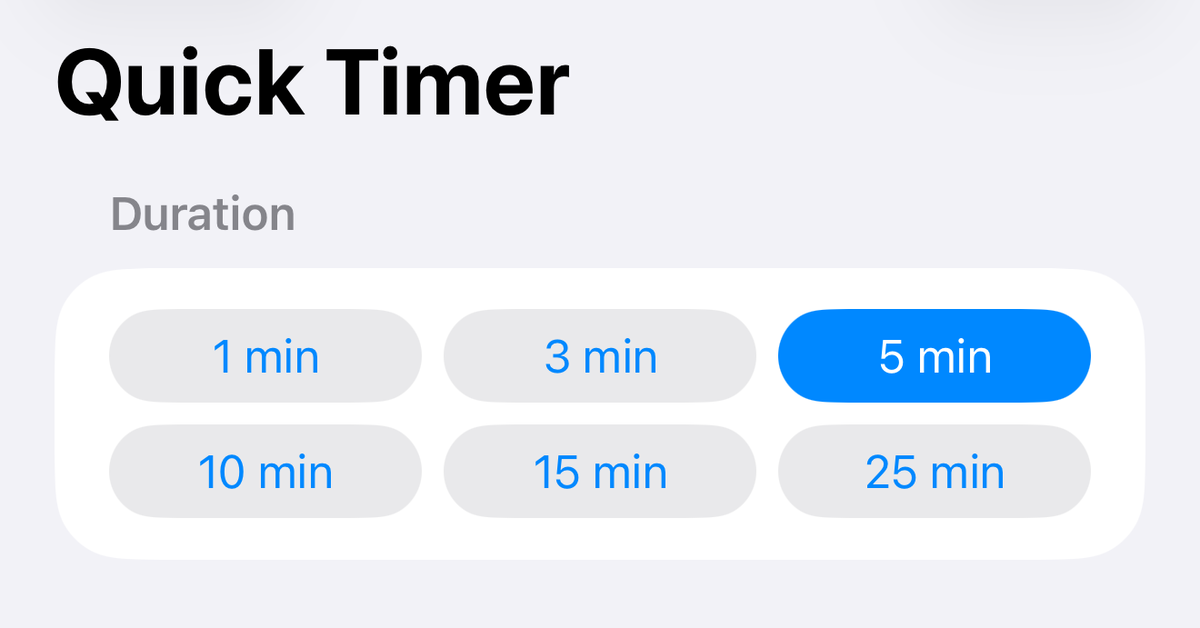 The Quick Timer sheet in Timers & Alarms, showing duration chips for 1, 3, 5, 10, 15 and 25 minutes with 5 min selected.