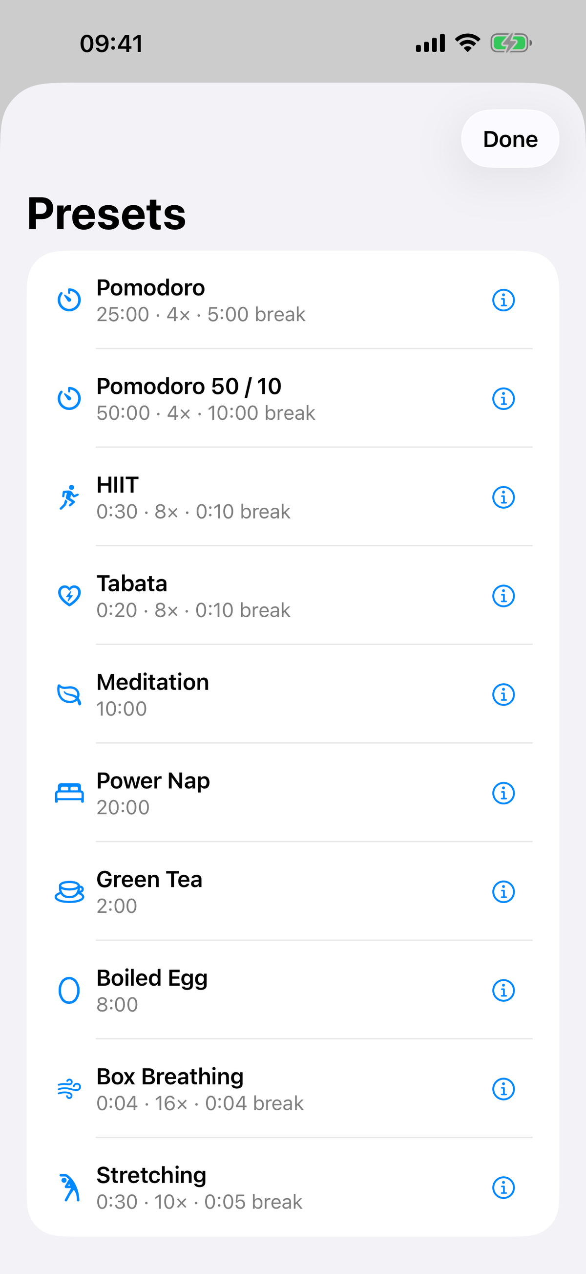 The preset gallery in Timers & Alarms listing all ten ready-made timers with their durations: Pomodoro, Pomodoro 50 / 10, HIIT, Tabata, Meditation, Power Nap, Green Tea, Boiled Egg, Box Breathing and Stretching, each with an info button.