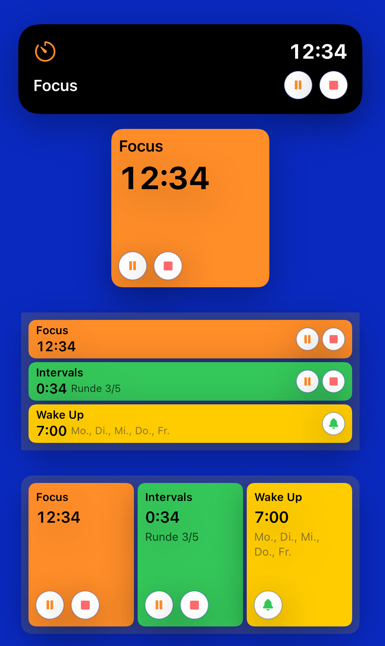 Ein Timer in der Dynamic Island, in einem kleinen Widget und in einem mittleren Widget