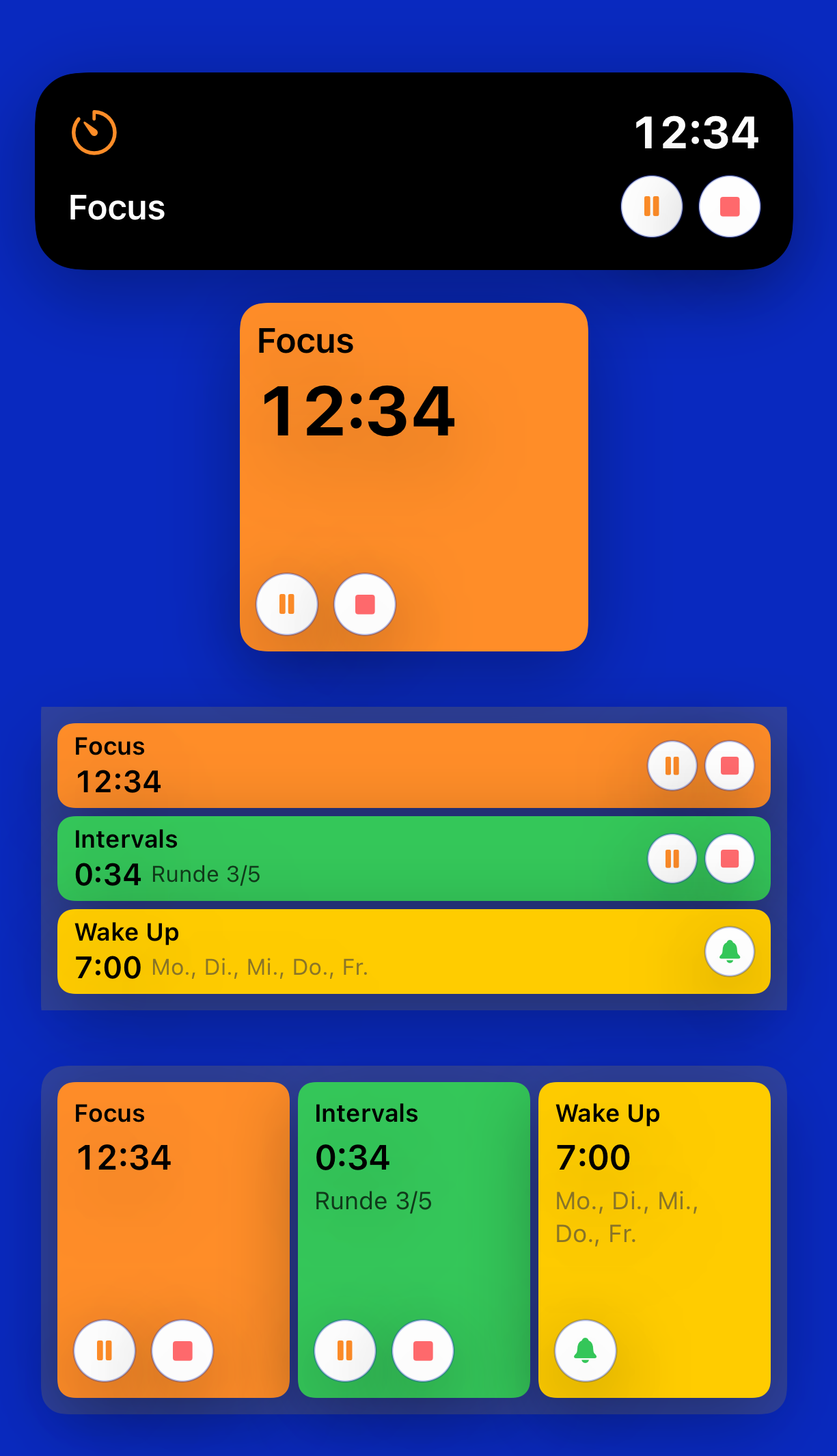 One timer shown in the Dynamic Island, a small widget, and a medium widget