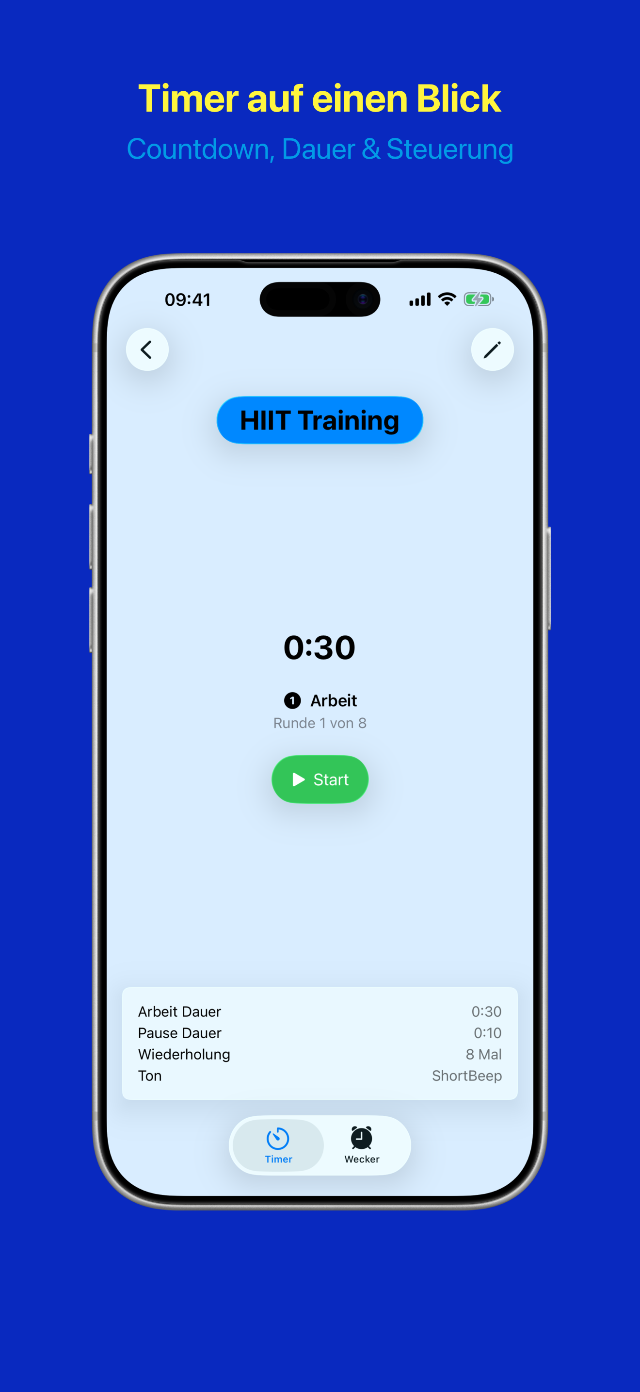 Timer-Detailansicht mit Countdown und Steuerung