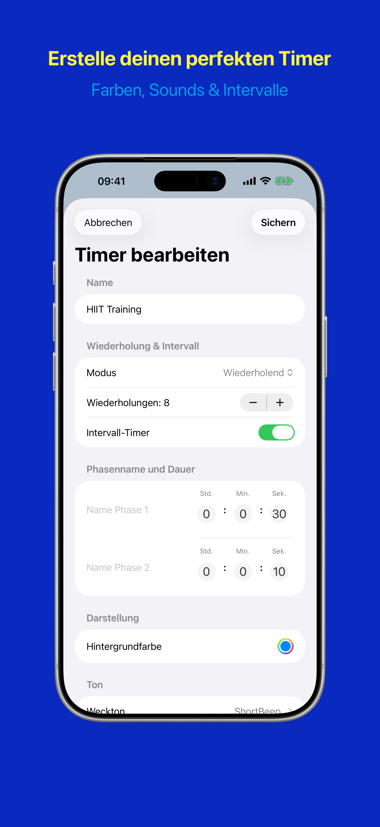 Timer-Konfiguration mit Name, Dauer, Farbe und Ton