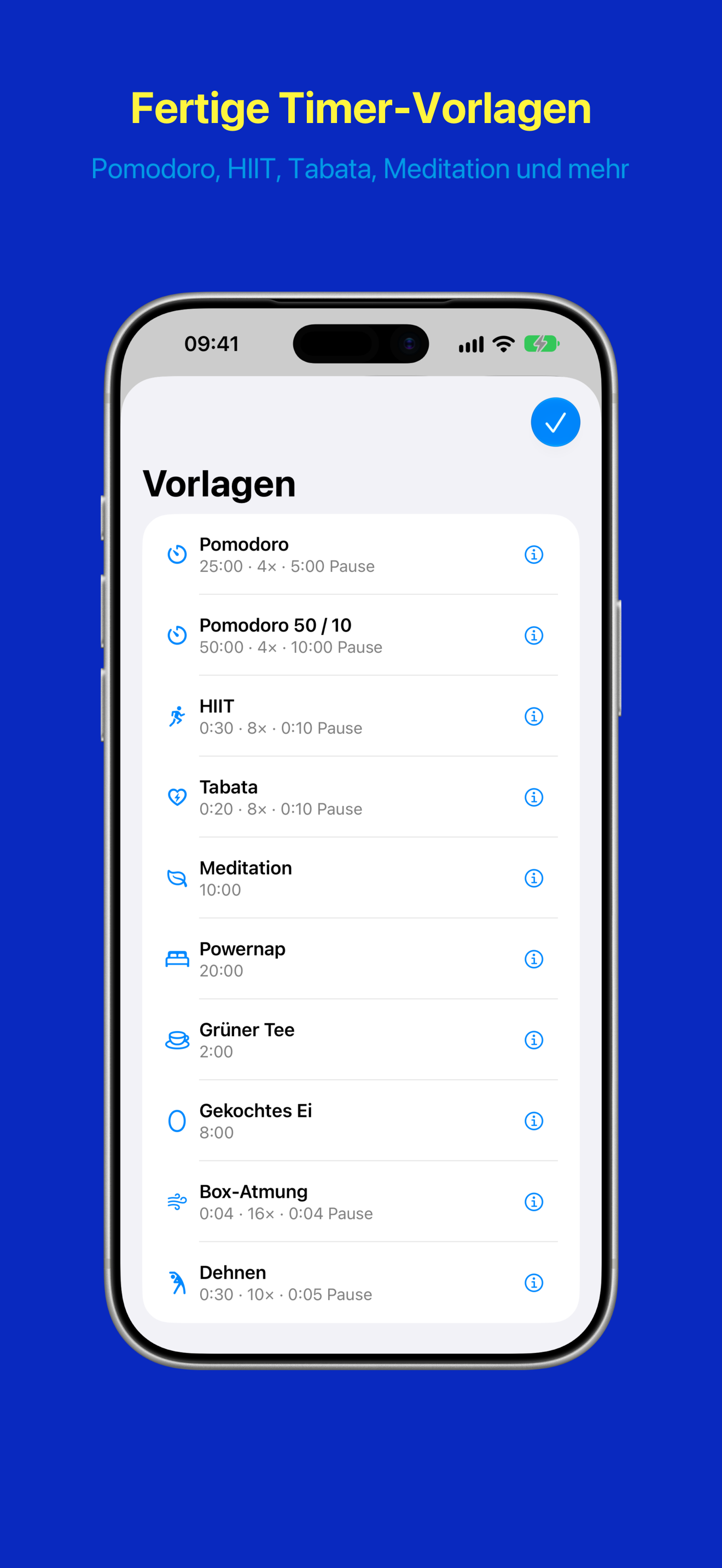 Vorlagen-Galerie mit fertigen Timern wie Pomodoro, HIIT, Tabata und Meditation
