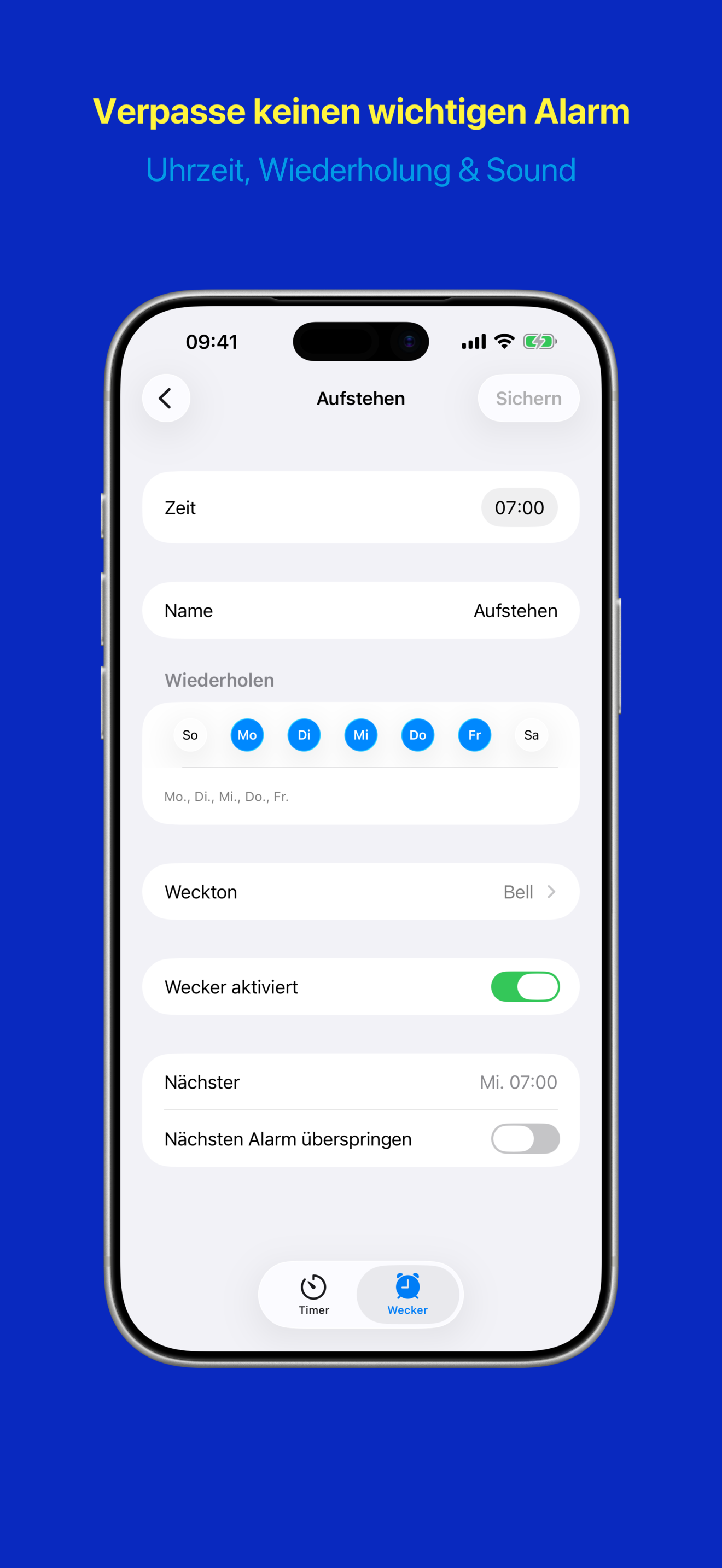 Wecker-Detailansicht mit Uhrzeit und Wiederholung