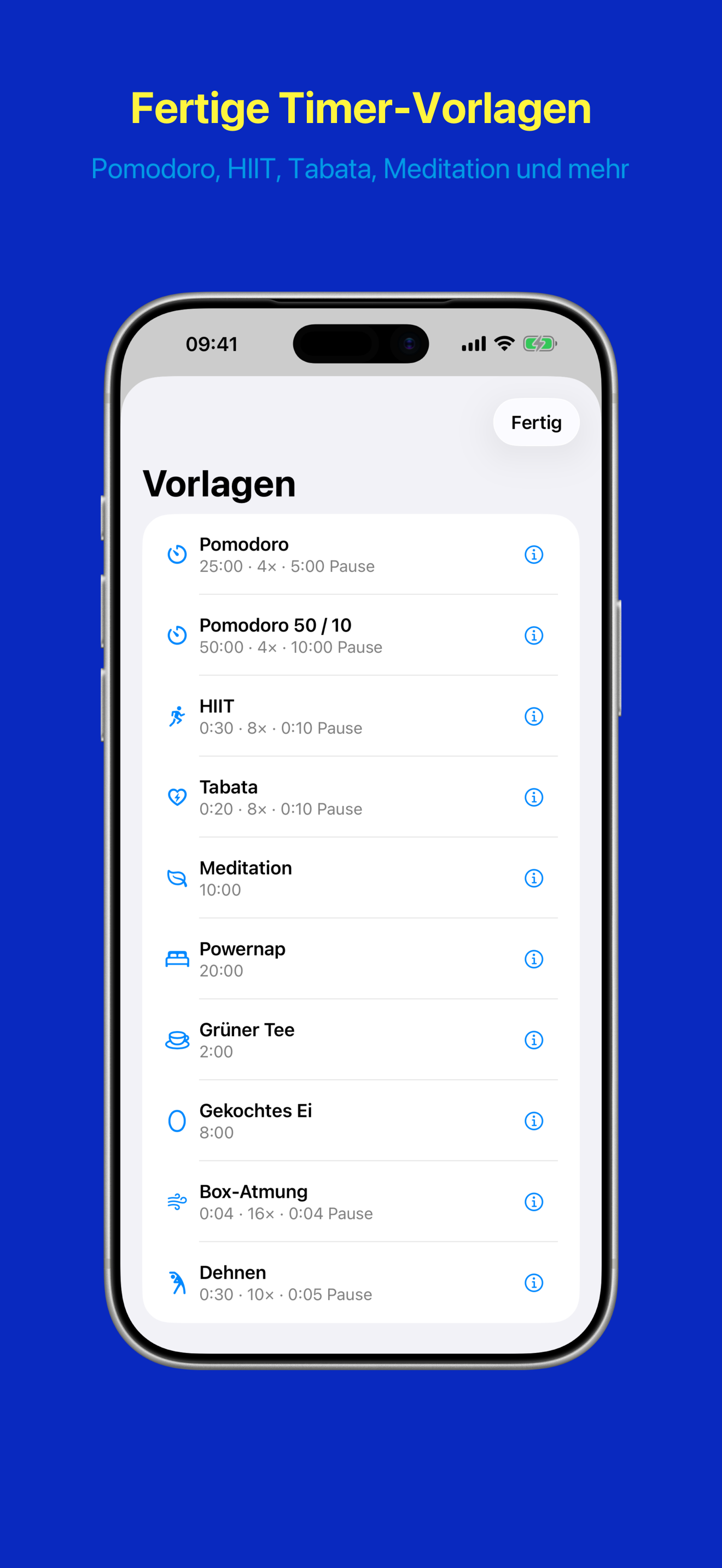 Vorlagen-Galerie mit fertigen Timern wie Pomodoro, HIIT, Tabata und Meditation