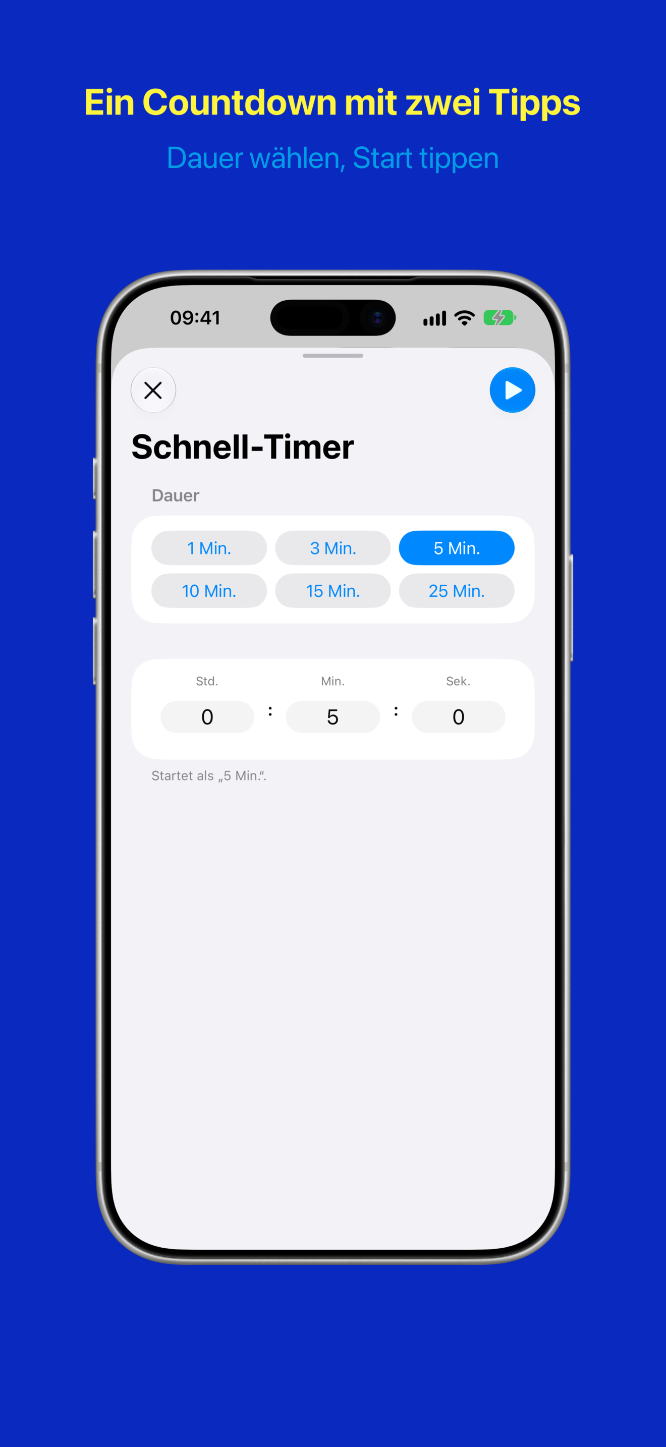 Schnell-Timer mit Dauer-Chips und Feldern für Stunden, Minuten und Sekunden