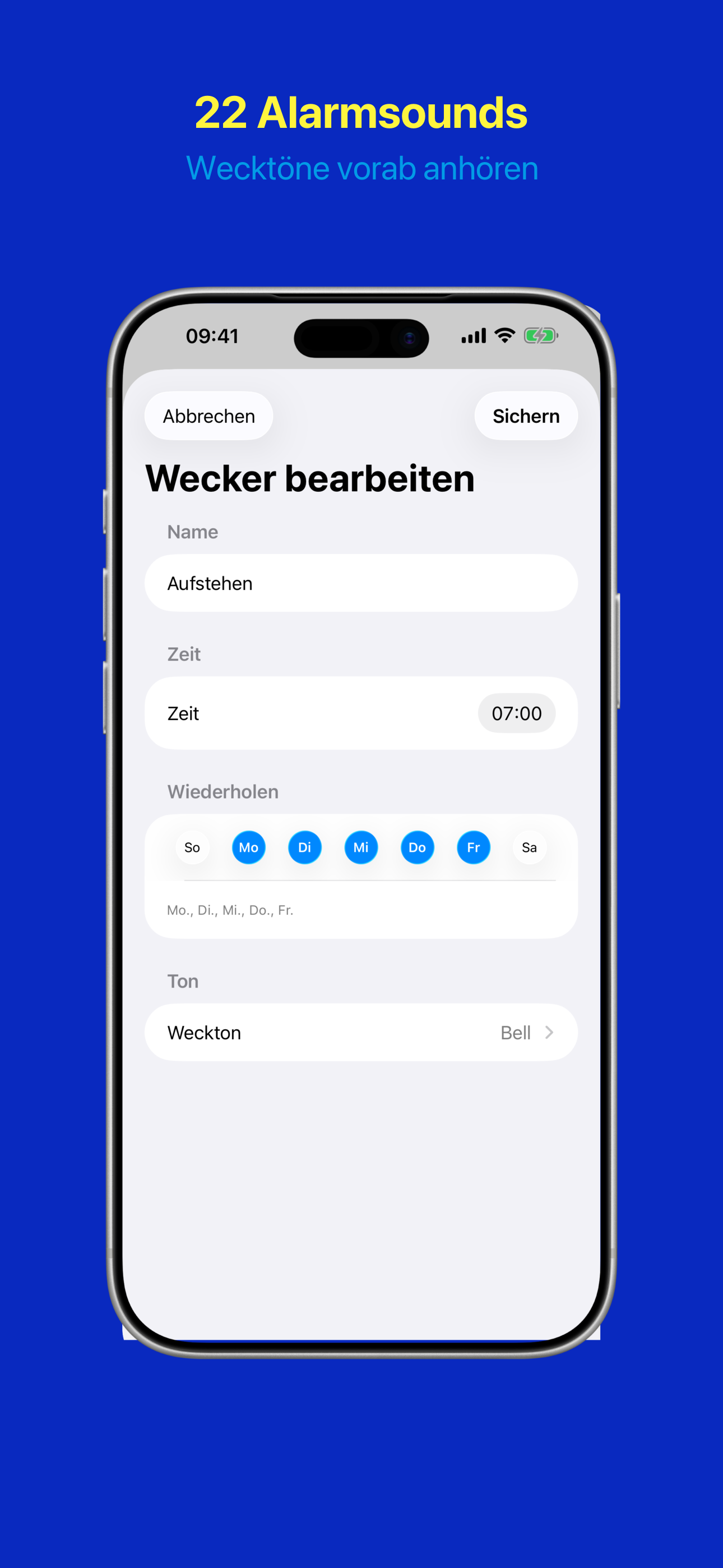 Wecker-Konfiguration mit Uhrzeit, Wochentagen und Ton