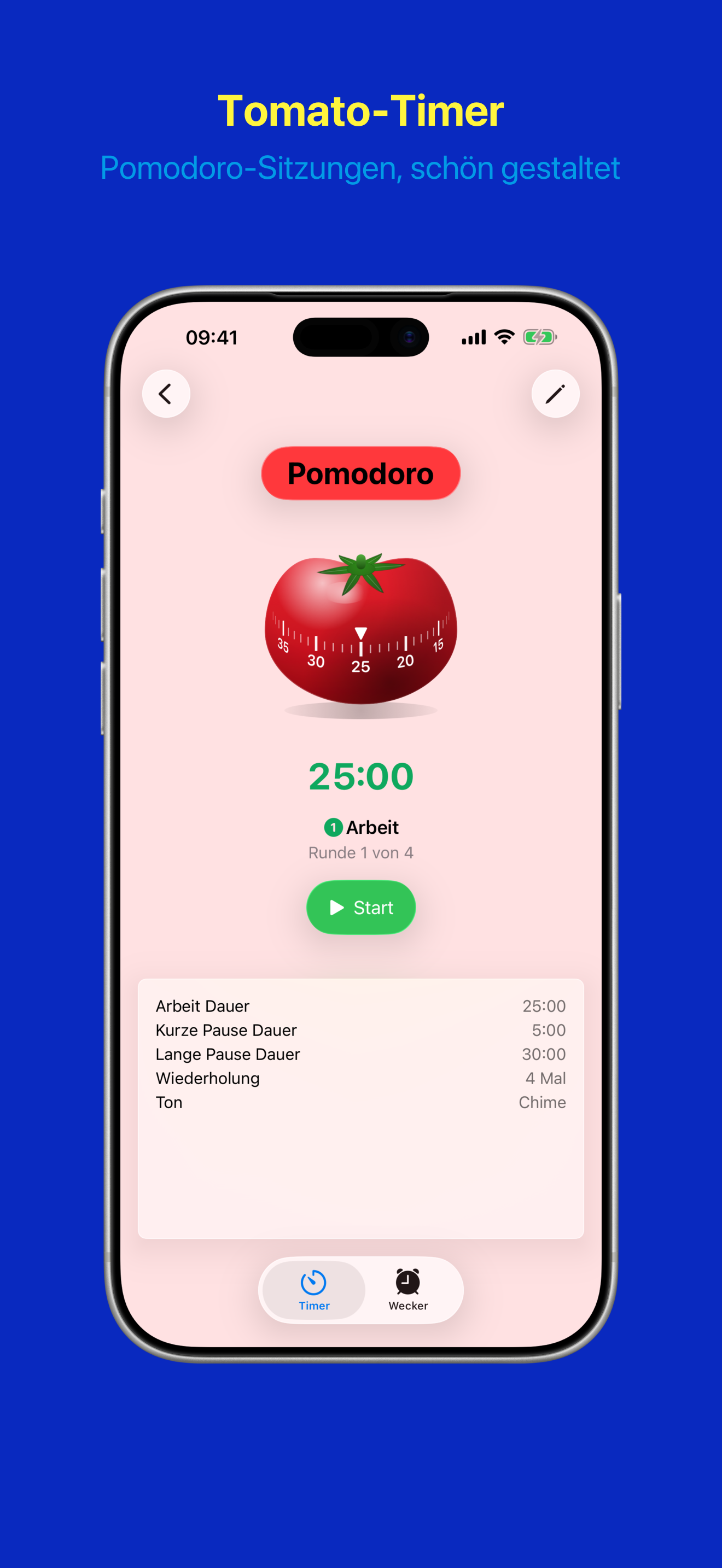 Timer-Detailansicht mit Tomaten-K&uuml;chentimer-Illustration f&uuml;r Pomodoro-Sitzungen