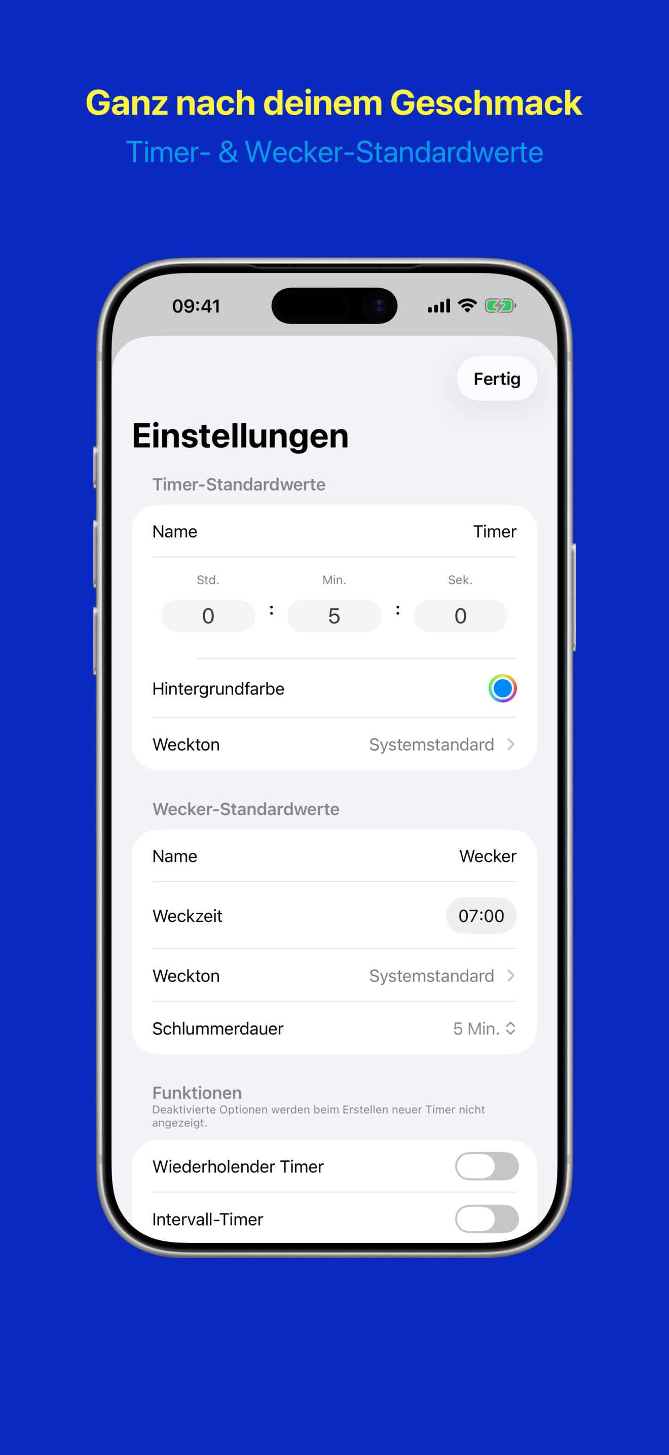 App-Einstellungen mit Standardwerten, Funktionen und Darstellung