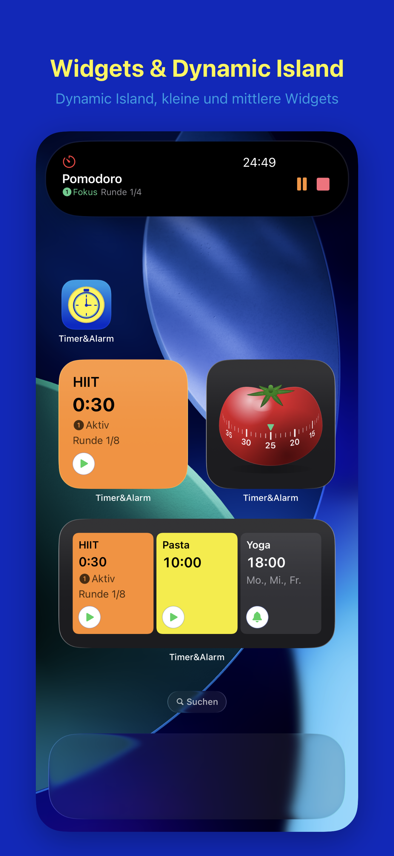 Home-Screen-Widgets und Dynamic Island: kleiner Timer, mittlere Widgets und Dynamic Island