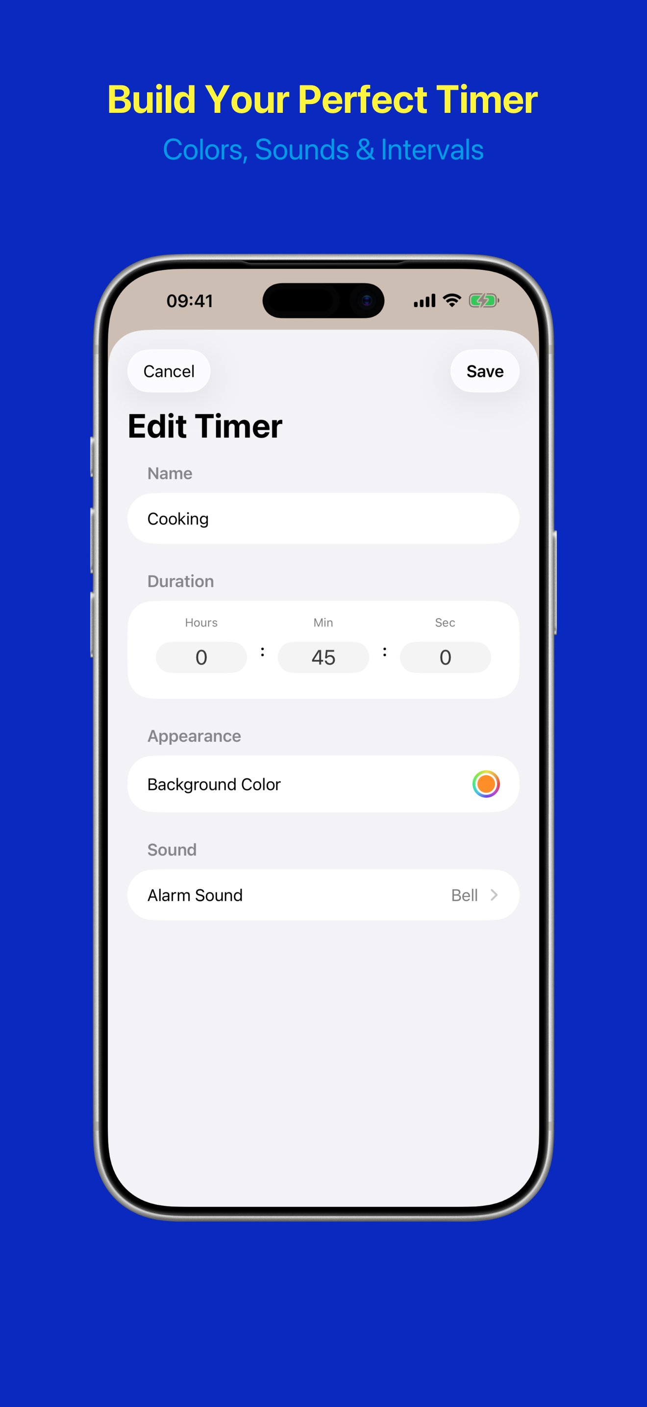 Timer configuration with name, duration, color, and sound