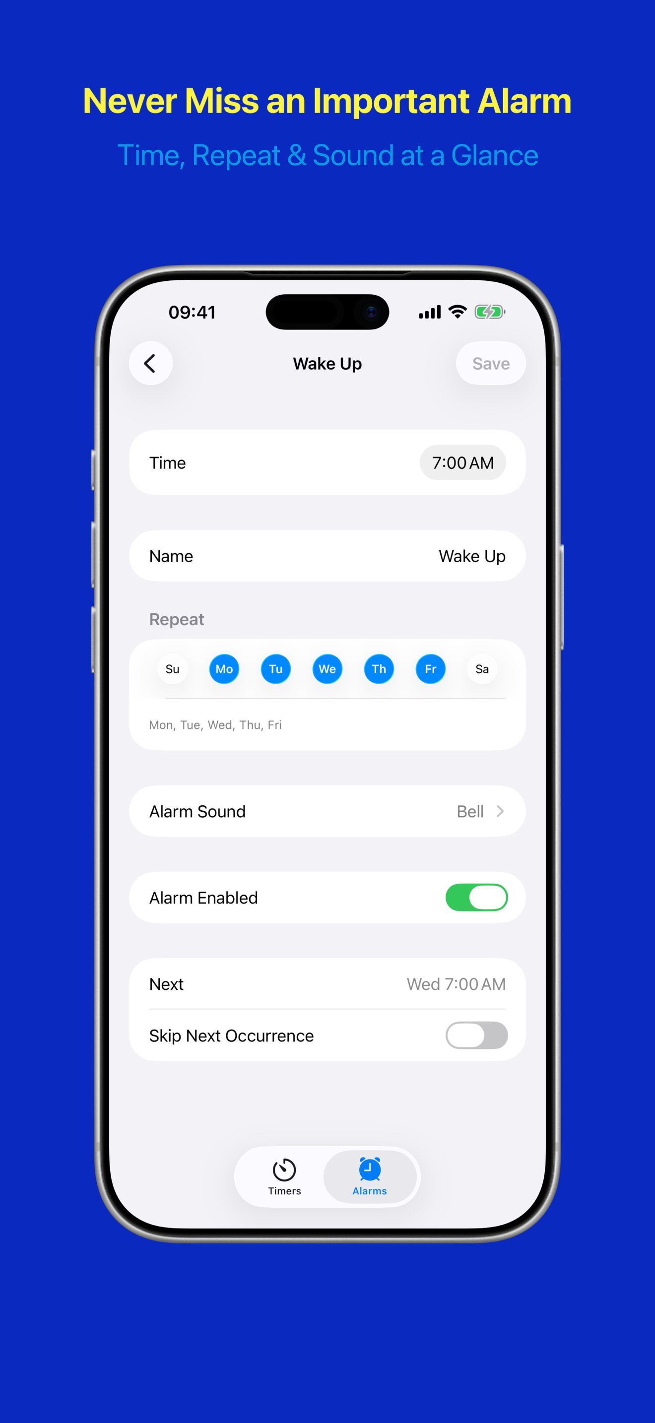 Alarm detail view with time and repeat schedule