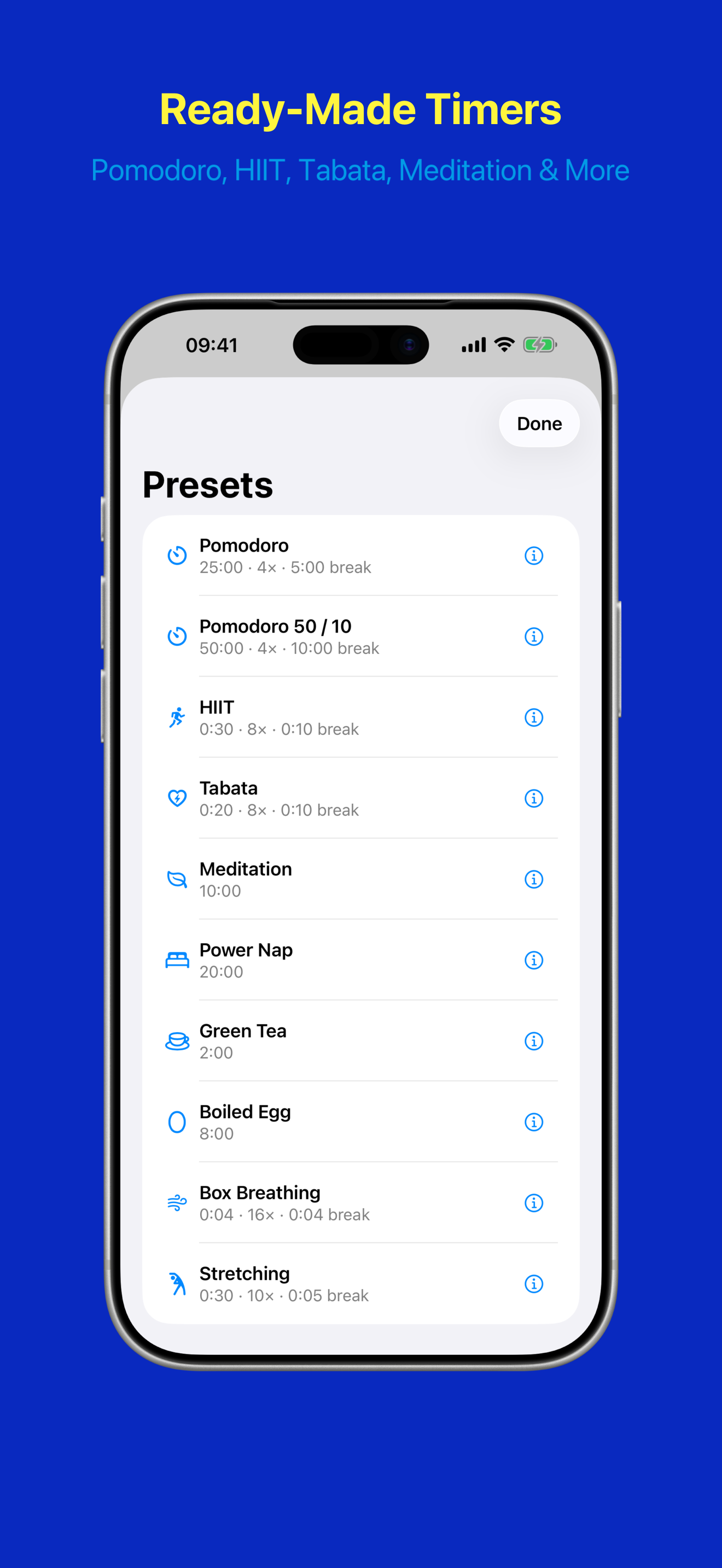 Preset gallery with ready-made timers such as Pomodoro, HIIT, Tabata, and Meditation
