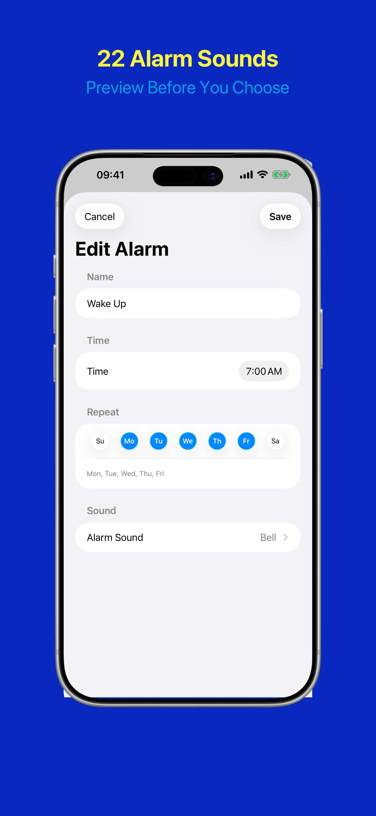 Alarm configuration with time, weekdays, and sound