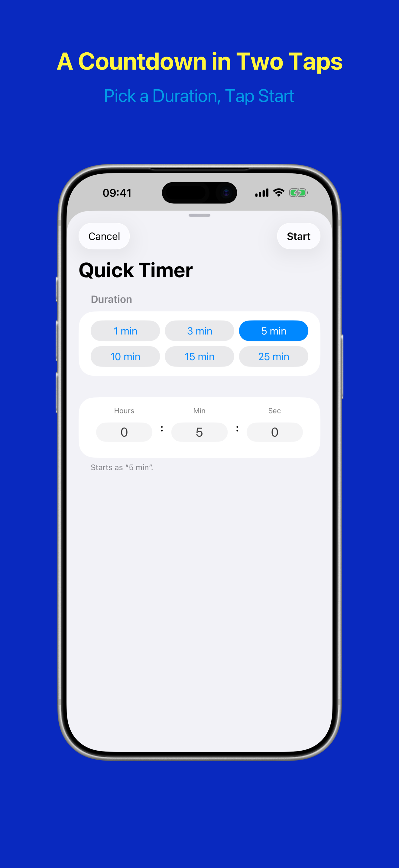 Quick Timer sheet with duration chips and a duration wheel