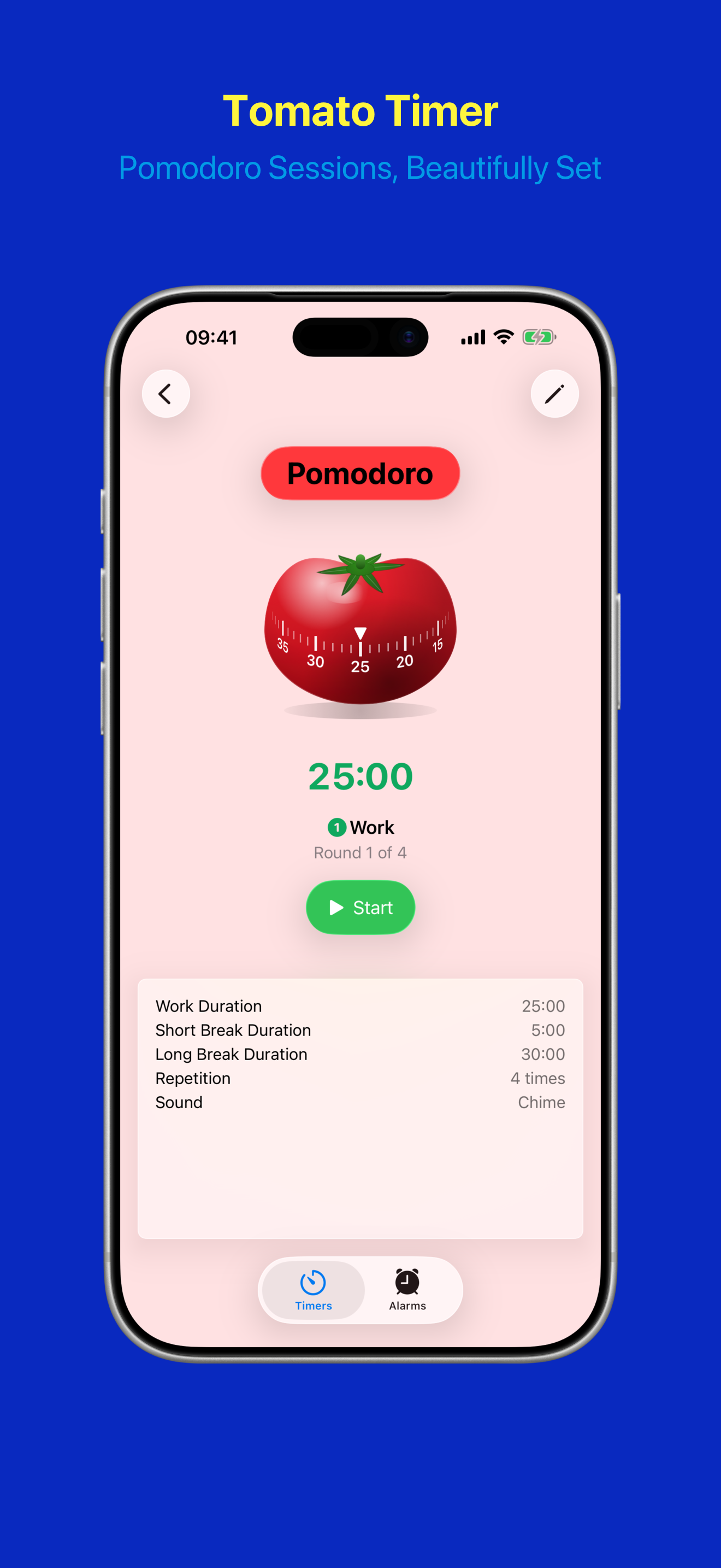 Timer detail view with the tomato kitchen-timer illustration for Pomodoro sessions