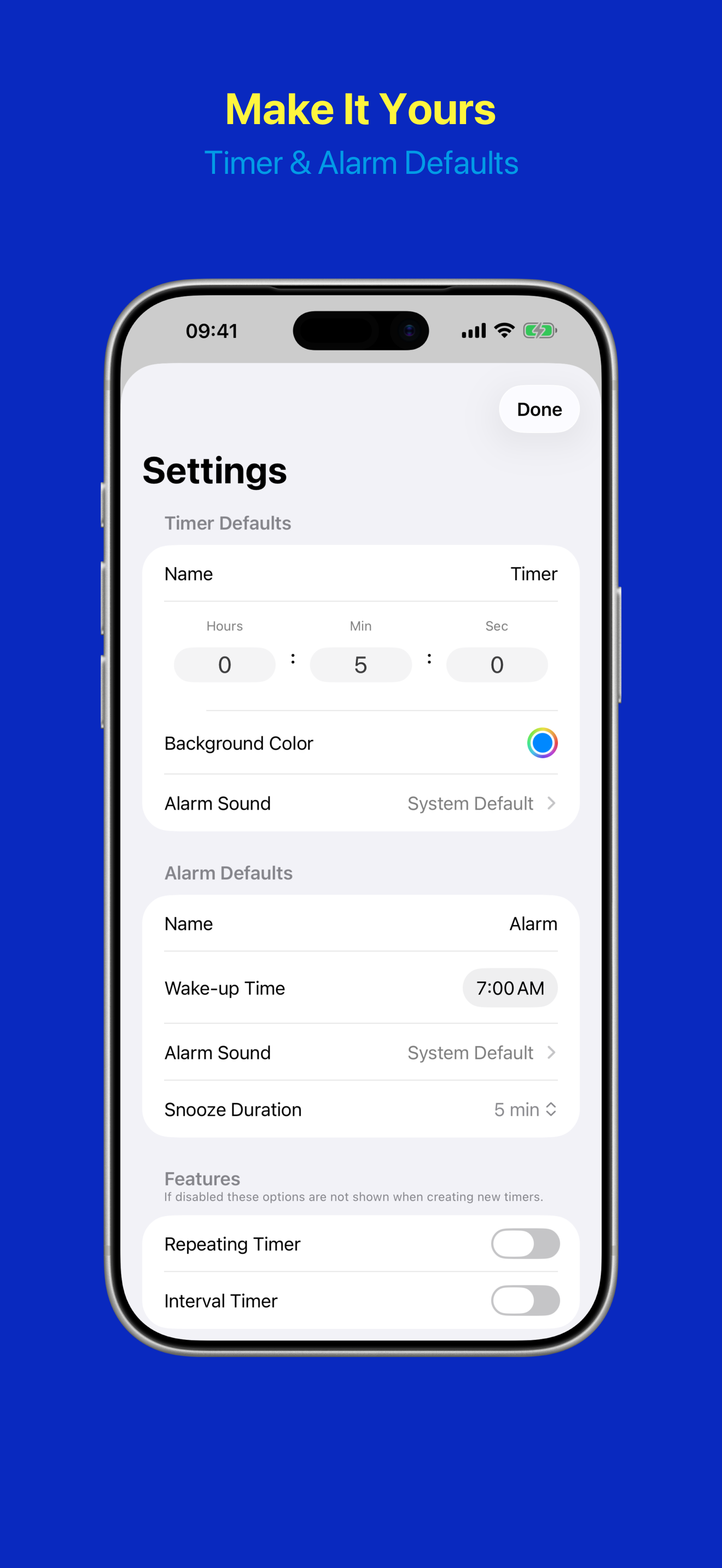 App settings with defaults, features, and appearance