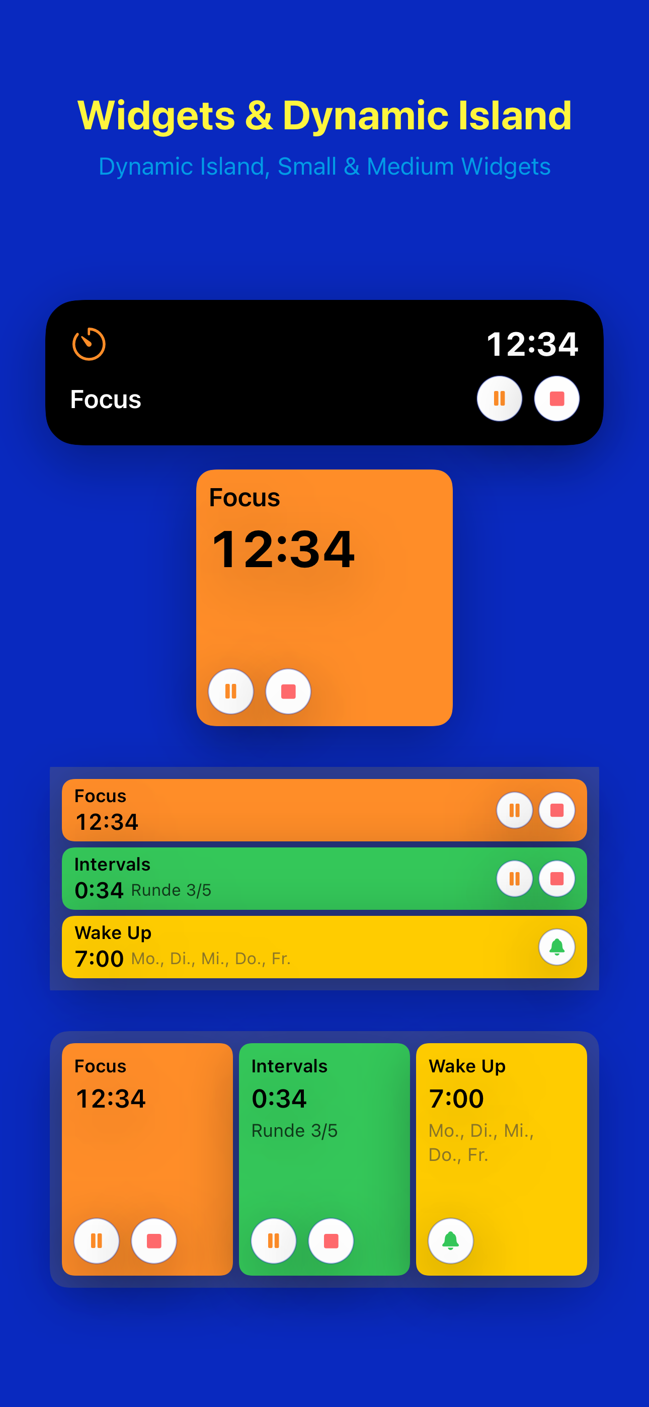 Home Screen widgets and Dynamic Island: small timer, medium card, side-by-side layout, and Dynamic Island